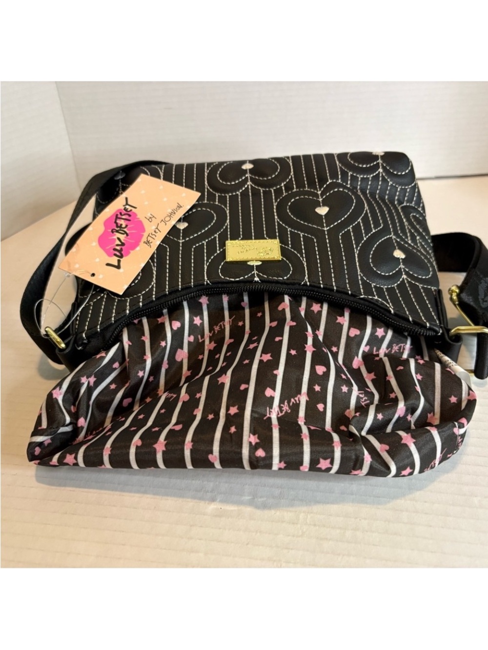 Betsey Johnson Black Quilted Heart Crossbody with Gold Hardware - Picture 9 of 10